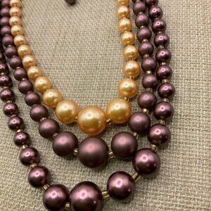 Japan Vintage Faux Pearls Chocolate Gold Tone Multi Strands Necklace